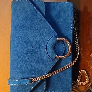 Banana Republic Bright Blue Suede Crossbody Bag with Gold Hardware and Chain